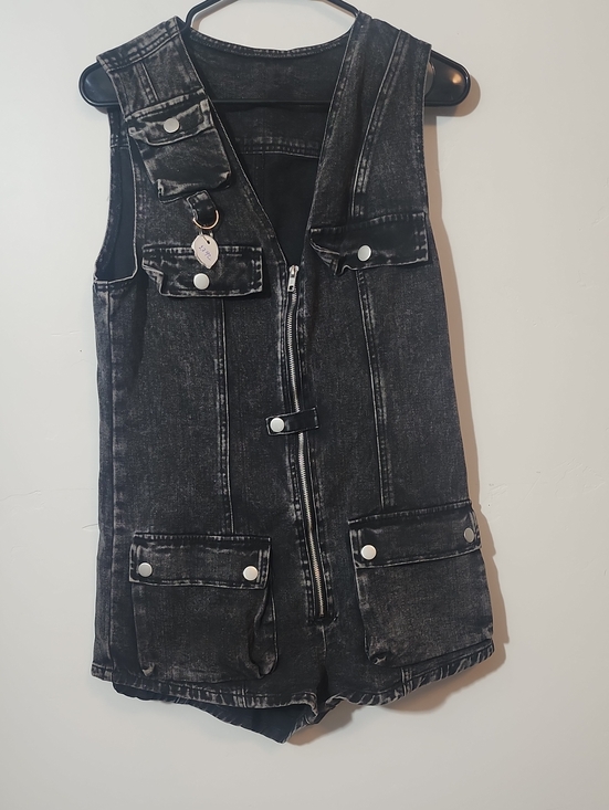 Pants - Washed Black Denim Utility Romper with Front Zip